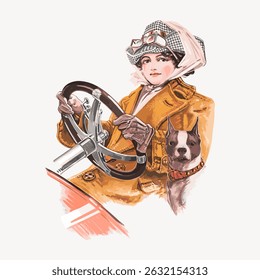 Vintage illustration of a woman driving a car, wearing a hat and goggles, with a dog. Retro style, classic car, woman driver, and dog companion. Vintage art illustration vector.