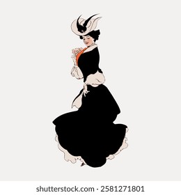 Vintage illustration of a woman in an elegant dress and hat, exuding classic style and grace. The woman holds flowers, embodying timeless elegance and charm. Vintage woman illustration vector.