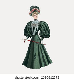 Vintage illustration of a woman in an elegant green Victorian dress with puffed sleeves, a decorative hat, and a parasol. Historical fashion illustration. Vintage illustration isolated, vector.