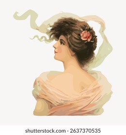Vintage illustration of a woman with a floral hair accessory, looking to the side. Elegant, classic, and timeless portrait with soft colors and flowing hair. Vintage character art illustration vector.