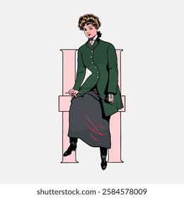 Vintage illustration of a woman in a green coat and long skirt, sitting with a whip. Retro style, vintage fashion, and classic attire are highlighted. Vintage woman illustration isolated, vector.