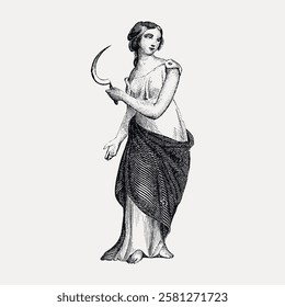 Vintage illustration of a woman holding a sickle. The woman is depicted in a classical style, wearing a long dress. The sickle is a key element in the image. Vintage woman illustration vector.