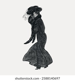 Vintage illustration of a woman in a long dress and hat, exuding elegance and style. The woman is depicted in a classic, detailed, and stylish manner. Vintage woman illustration isolated, vector.