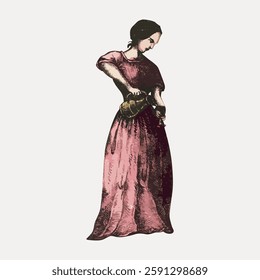 Vintage illustration of a woman in a long dress pouring a drink. The woman wears a pink dress. The woman is depicted in a classic, historical style. Vintage art painting vector.