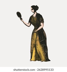 Ilustração vintage de uma mulher em um vestido longo segurando um espelho. A mulher aparece em um estilo clássico, histórico, enfatizando elegância e equilíbrio. Vintage personagem arte ilustração vetor.