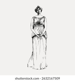 Vintage illustration of a woman in a long dress. The woman stands elegantly, showcasing classic fashion. The dress and woman exude a timeless, vintage charm. Vintage character art illustration vector.