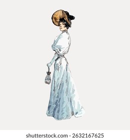 Vintage illustration of a woman in a long dress and hat, holding a purse. Elegant attire, classic fashion, historical style, timeless elegance. Vintage character art illustration vector.