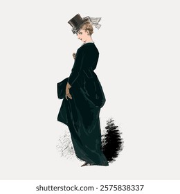 Vintage illustration of a woman in a long, elegant dress and top hat, exuding classic style and grace. The woman stands poised, showcasing timeless fashion. Vintage illustration isolated, vector.