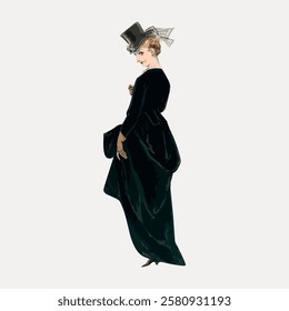 Vintage illustration of a woman in a long, elegant dress and top hat, exuding classic fashion and style. The dress and hat create a timeless, sophisticated look. Vintage woman illustration vector.