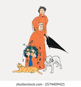 Vintage illustration of a woman in an orange dress holding an umbrella, with a cat and a dog. The woman stands elegantly, surrounded by a cat and a dog. Vintage illustration isolated on white, vector.