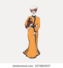 Vintage illustration of a woman in an orange dress and hat, holding a small dog. Elegant attire, classic style, vintage fashion, and a poised stance. Vintage art drawing, isolated vector element.