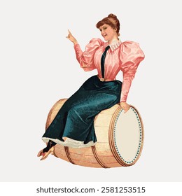 Vintage illustration of a woman in a pink blouse and dark skirt sitting on a barrel, pointing. Retro style, elegant attire, historical fashion depiction. Vintage woman illustration isolated, vector.