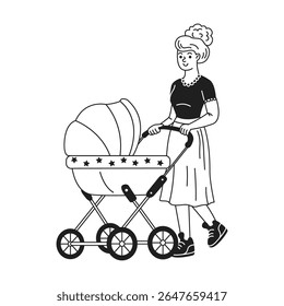 Vintage illustration of a woman pushing a baby stroller with cheerful expression. Black and white line art captures nostalgic feel. Ideal for family themes.