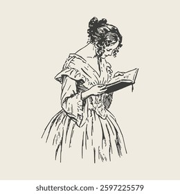 A vintage illustration of a woman reading a book, symbolizing knowledge and education. Classic engraving style, perfect for literary themes.