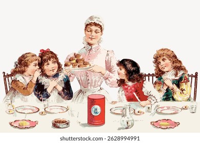 Vintage illustration of a woman serving muffins to four children at a table. The children eagerly await the muffins. The scene is warm and nostalgic. Vintage art illustration vector.