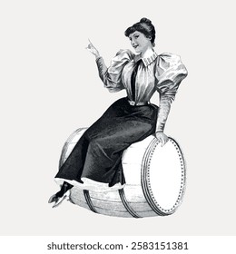 Vintage illustration of a woman sitting on a barrel. The woman wears a Victorian dress with puffed sleeves. The barrel and woman are drawn in a classic style. Vintage woman illustration vector.