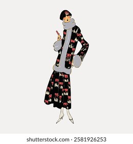 Vintage illustration of a woman in a stylish 1920s outfit. The woman wears a patterned coat and holds a lipstick. Fashionable 1920s style woman. Vintage woman illustration isolated on white, vector.