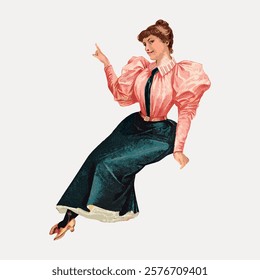 Vintage illustration of a woman in Victorian attire. The woman wears a pink blouse and long skirt. Victorian fashion, woman in Victorian style, clothing. Vintage women’s fashion illustration, vector.