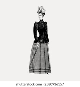 Vintage illustration of a woman in Victorian attire, featuring a long skirt, fitted jacket, and ornate hat. Victorian fashion, historical clothing, elegant style. Vintage woman illustration vector.