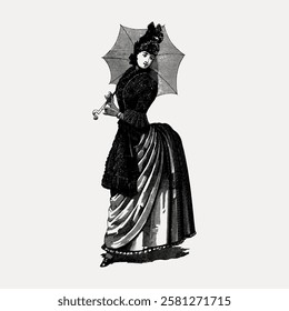 Vintage illustration of a woman in Victorian attire, holding a parasol. Victorian fashion, parasol, and vintage style highlight this classic depiction. Vintage woman illustration isolated, vector.