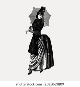 Vintage illustration of a woman in Victorian attire, holding a parasol. The woman wears a long dress, with intricate details, reflecting Victorian fashion. Vintage woman illustration isolated, vector.