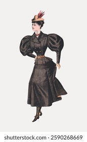 Vintage illustration of a woman in Victorian attire. She wears a plaid dress with puffed sleeves and a hat with a feather. Elegant Victorian fashion. Vintage woman illustration isolated, vector.