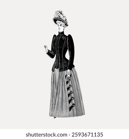 Vintage illustration of a woman in Victorian attire, featuring a long skirt, tailored jacket, and ornate hat. Elegant Victorian fashion, classic style, historical dress. Vintage illustration, vector.