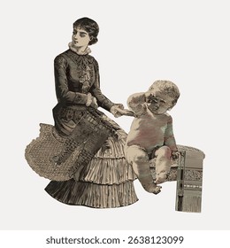 Vintage illustration of a woman in Victorian attire with a baby. The woman is seated, holding the baby. Detailed Victorian fashion and antique style art. Vintage character art illustration vector.