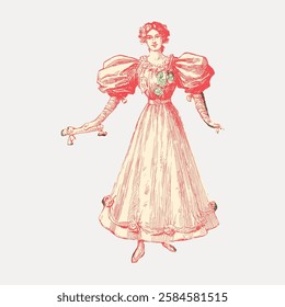 Vintage illustration of a woman in a Victorian dress holding a key. Elegant Victorian fashion, detailed dress, historical attire, key in hand. Vintage woman illustration isolated on white, vector.