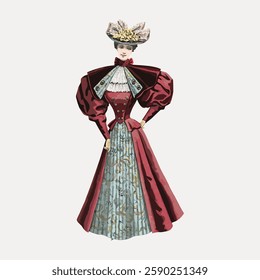 Vintage illustration of a woman in Victorian dress with a large hat. Victorian fashion features elaborate designs, emphasizing elegance and style. Vintage art painting vector.