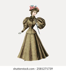 Vintage illustration of a woman in Victorian fashion with a long dress and hat. Elegant Victorian style, showcasing historical fashion and vintage elegance. Vintage woman illustration vector.