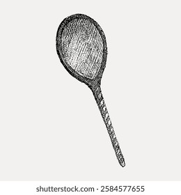 Vintage illustration of a wooden spoon. Hand-drawn spoon with a textured look. Rustic kitchen utensil. Classic wooden spoon for cooking and baking. Vintage art illustration, vector.