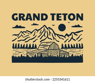 Ilustración vintage del diseño del Parque Nacional Wyoming Grand Teton para insignias, emblemas, parches, camisetas, etc.