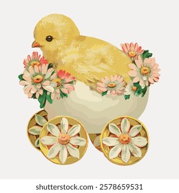 Vintage illustration of a yellow chick in an eggshell carriage with flowers. The chick is surrounded by daisies, creating a charming, nostalgic scene. Vintage bird illustration vector.