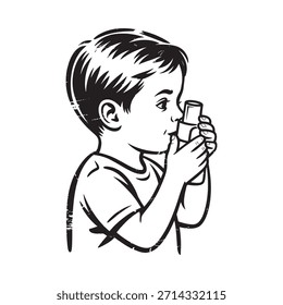 Una ilustración vintage de un niño usando un inhalador para el alivio del asma