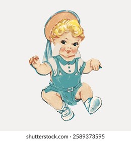 Vintage illustration of a young child in a blue outfit and hat, sitting playfully. The child has curly blonde hair and rosy cheeks, exuding a nostalgic charm. Vintage art painting vector.