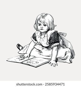 Vintage illustration of a young child reading a book. The child, with short hair, is sitting and focused on the book. Classic and nostalgic reading scene. Vintage art illustration, vector.