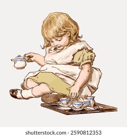 Vintage illustration of a young girl with blonde hair playing with a tea set. The girl is seated, wearing a dress, and holding a teapot. Charming tea set scene. Vintage art painting vector.