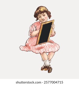 Vintage illustration of a young girl in a pink dress holding a slate. The girl is sitting, wearing socks and shoes. Classic vintage style, charming and nostalgic. Vintage art vector element.