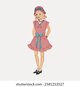 Vintage illustration of a young girl in a pink dress with a blue bow. The girl wears a matching pink hat. Retro style with a charming, nostalgic feel. Vintage woman illustration isolated, vector.