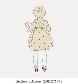 Vintage illustration of a young girl in a polka dot dress. Child in a polka dot dress, vintage style. Girl's dress with polka dots, retro illustration. Vintage woman illustration isolated, vector.