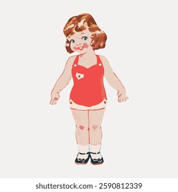 Vintage illustration of a young girl in a red swimsuit. Retro style, playful pose. Childlike innocence, classic design, charming and nostalgic art. Vintage art painting vector.