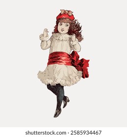 Vintage illustration of a young girl in a white dress with a red sash and hat. The girl has curly hair and is wearing black stockings and shoes. Vintage art illustration, vector.