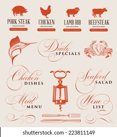 Vintage Illustrations and Calligraphic Design Elements for Restaurant Menu Design