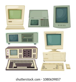Vintage illustrations of desktop computers and other different technician gadgets