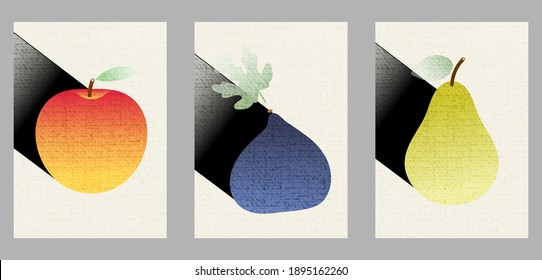 Vintage illustrations fruits in Japanese style  Set three posters for menu design  restaurant decor  grocery stores  Minimalist backgrounds and apple  fig  pear  gradient  flax texture 