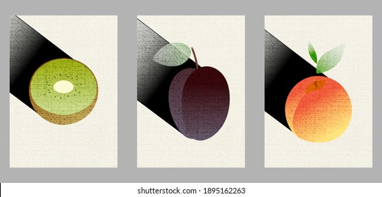 Ilustraciones antiguas de frutas al estilo japonés. Tres afiches para el diseño de menús, decoración de restaurantes, supermercados. Fondos minimalistas con kiwi, ciruela, melocotón, gradiente, textura de lino.