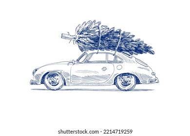 Vintage illustrations of retro car carries the Christmas tree and gifts. Happy New Year and Merry Christmas greeting card. Festive banner photo zone. Hand drawn vector art. 