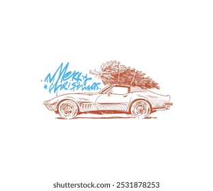 Vintage illustrations of retro car carries the Christmas tree and gifts. Happy New Year and Merry Christmas greeting card. Festive banner photo zone. Hand drawn vector art. 