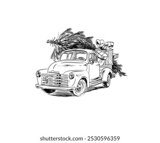 Vintage illustrations of retro classic car carries the Christmas tree and gifts. Happy New Year and Merry Christmas greeting card. Festive banner photo zone. Hand drawn vector art. 